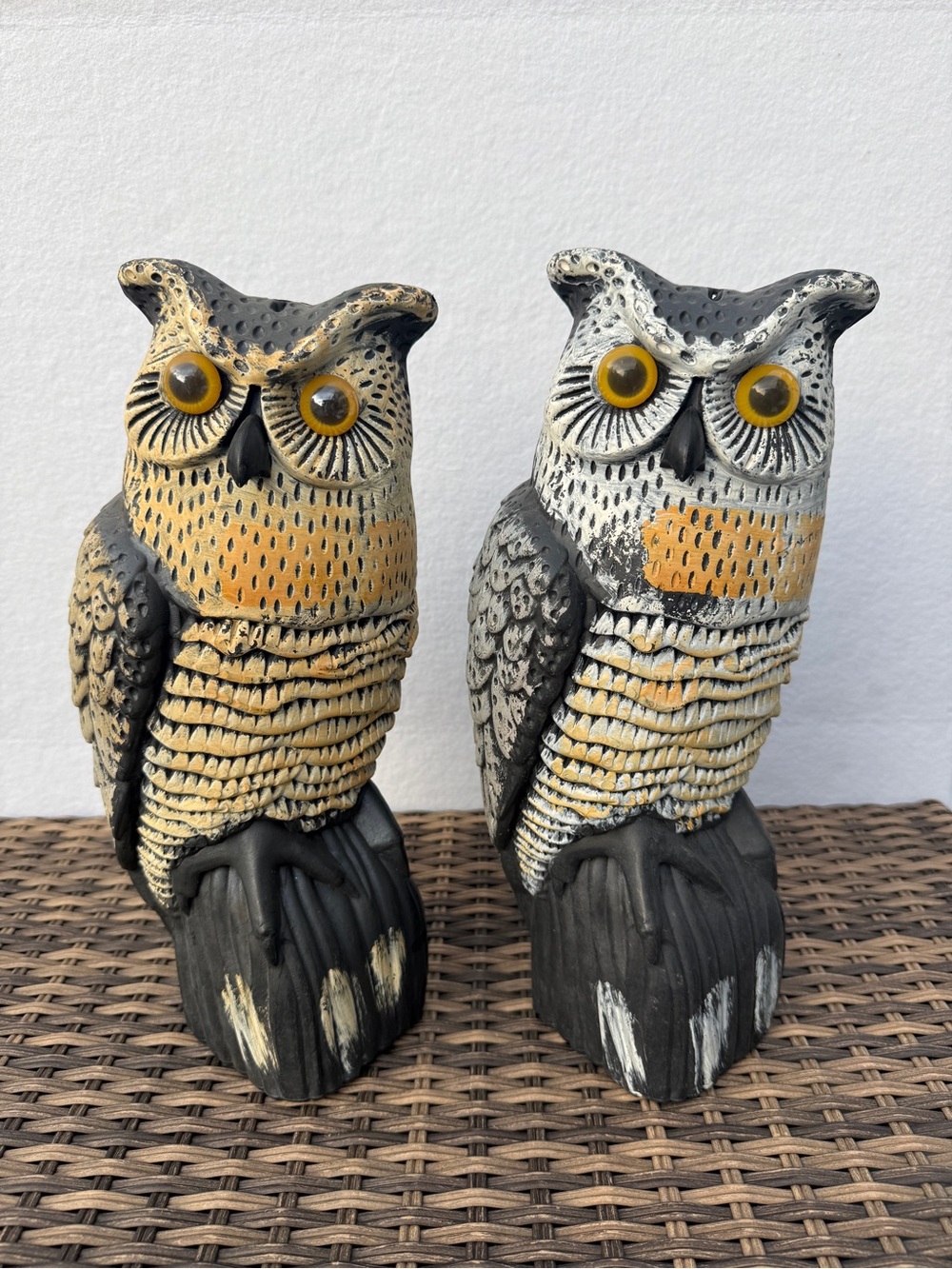 Pair 14" Owl Decoy Garden Scare Bird Deterrent Hollow Plastic Yellow Eyes